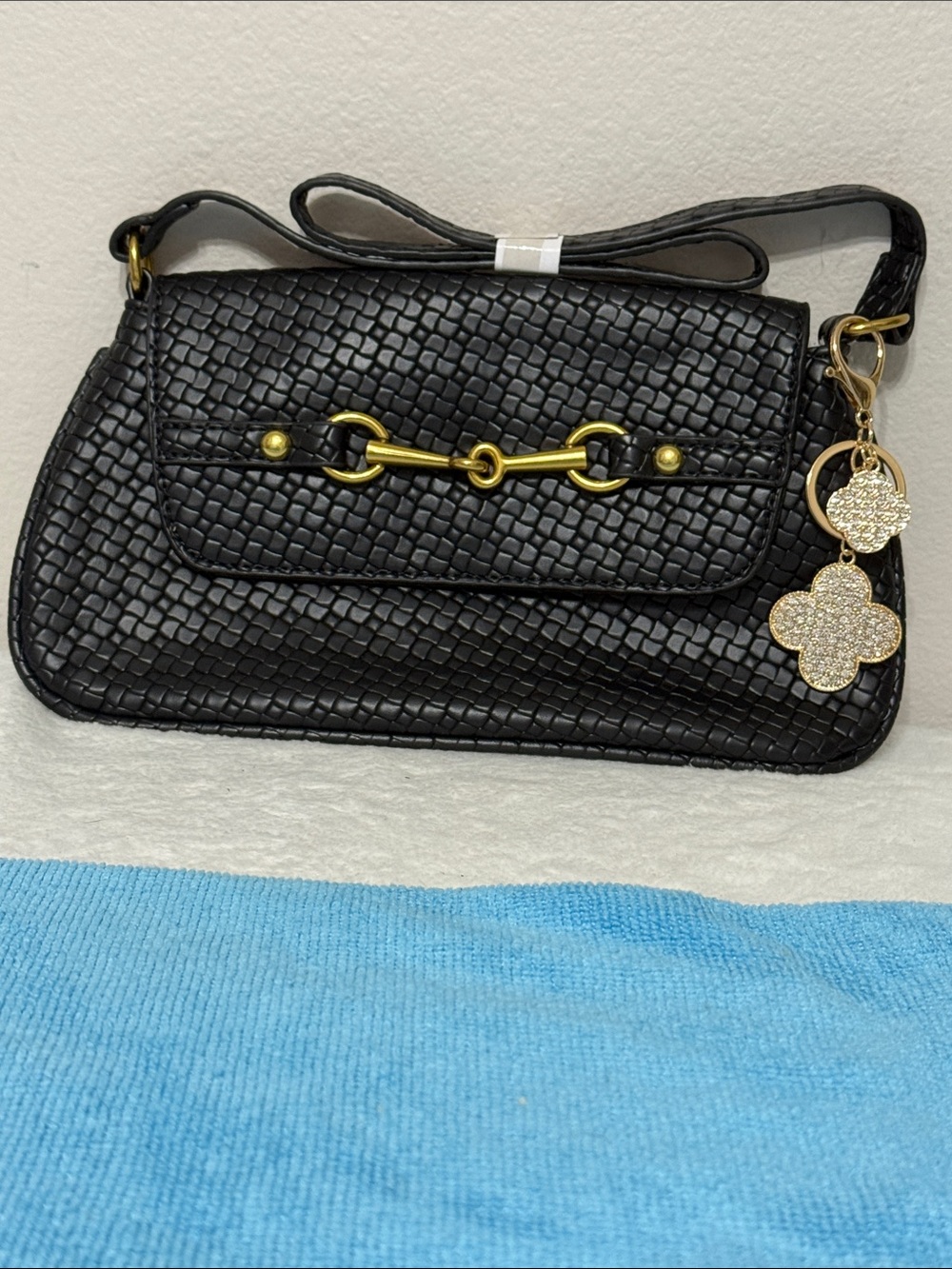 Source Unknown Black Woven Shoulder Bag with Gold Hardware